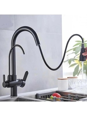 Kazan Hobi Fleko Spiral Başlıklı Sıcak Soğuk Arıtma Girişli 3 Yollu Mutfak Eviyesi Bataryası (Siyah)