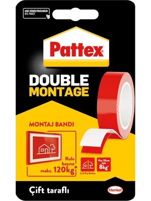 Kazan Hobi Pattex Double Montage Çift Taraflı Montaj Bandı, Iç ve Dış Mekanlar Için Uygun Ekstra Güçlü ve Dayanıklı Bant Yapıştırıcı, Beyaz, 19 mm x 1,5 M
