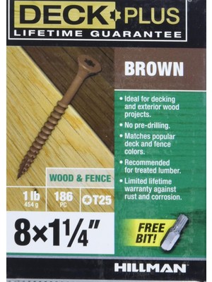 Kazan Hobi Deck Plus Ahşap Vidalar, Kahverengi Dış Vidalar, 1-1/4" x #8, 1 Lb