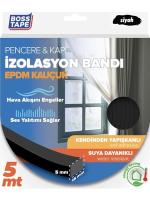 Kazan Hobi Boss Tape Epdm Kauçuk Pencere Kapi Izolasyon Bandi, 5mm x 15MM x 5mt Boyut, Siyah