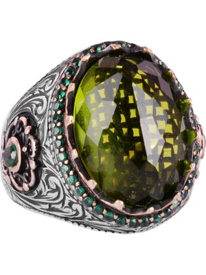Kambo 925 Ayar Gümüş El Işi Yüzük - Sentetik Peridot Taş Yüzük