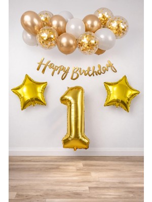 Kazan Hobi Gold Konsept Doğum Günü Kutlama Seti; Beyaz Gold Konfetili Balon, Rakam Yıldız Folyo ve Banner (1)