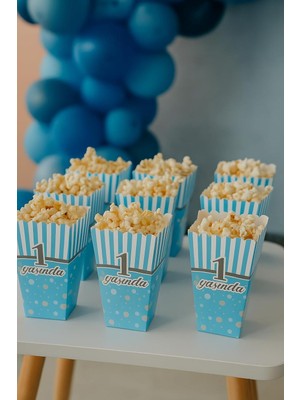 Kazan Hobi 1 Yaş Erkek Doğum Günü Mavi Popcorn Mısır Kutusu – 8 Adet Mısır Kutusu Parti Süsleme ve Sunum Kutusu