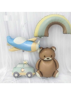 Kazan Hobi Retro Folyo Balon 4 Lü Set; Uçak, Araba, Gökkuşağı ve Ayıcık