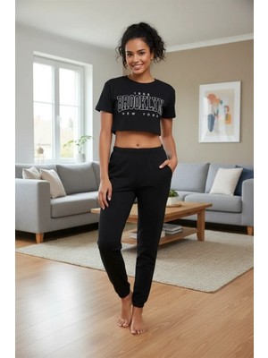 Hace Bazaar Marsilyan- Kadın Siyah Crop T-Shirt Pantolon Takım Rahat Günlük Spor Şık Ikili Set