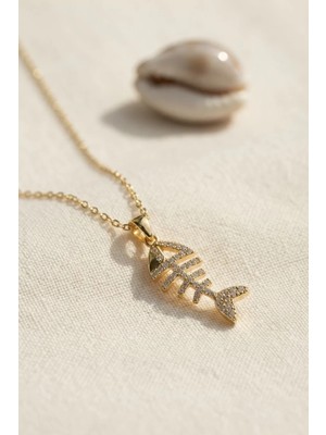 Uravas Store 316L Çelik Zincir Gold Renk Minimal Zirkon Taşlı Balık Kılçığı Kolye TJ-BKO11184
