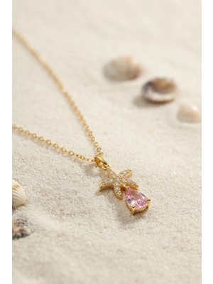 Uravas Store 316L Çelik Zincir Gold Renk Yıldız Model Pembe Damla Taş Model Kolye TJ-BKO11194