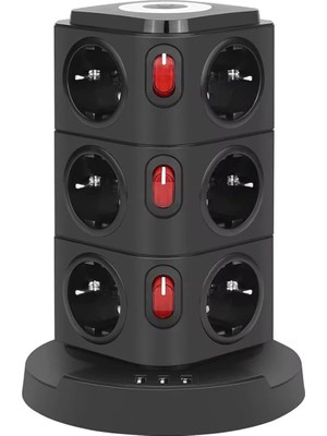 Uravas Store Tower Tipi Akım Korumalı Priz - 12 Prizli ve 4 USB Girişli, Bireysel Anahtarlı, Kısa Devre Koruma, Masa Üstü Dikey Tasarım - Ev ve Ofis Için Düzenli Çözüm