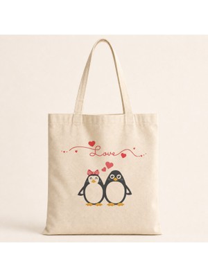 Mor Mürekkep Love Penguenler Tasarım Baskılı Bez Çanta