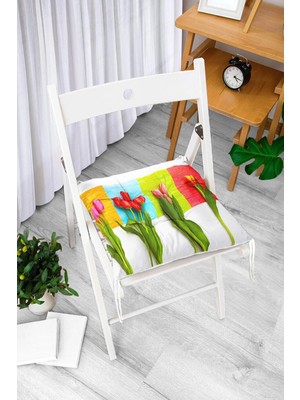 Rem Home Rengirenk Dekoratif Sandalye Minderi Beyaz Modern Bağcıklı 40 x 40 cm Mutfak Balkon Oturma Minderi