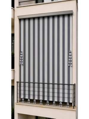 MRC Tekstil Taç Lüks Çizgili Antrasit Gri Gabardin Sık Dokuma Su Geçirmez Kornişli Bağcıklı Balkon Perdesi Branda