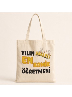 Mor Mürekkep Yılın En Komik Öğretmeni Baskılı Bez Çanta