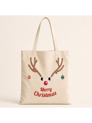 Mor Mürekkep Merry Christmas Geyik Baskılı Bez Çanta