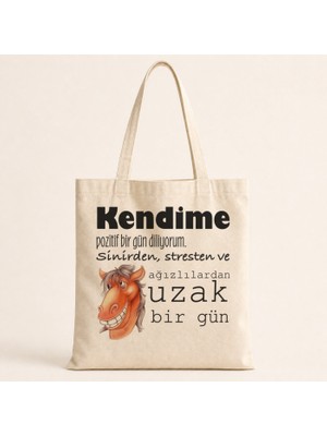 Mor Mürekkep Kendime Pozitif Bir Gün Diliyorum Baskılı Bez Çanta