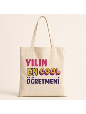 Mor Mürekkep Yılın En Cool Öğretmen Baskılı Bez Çanta