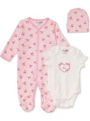 Hellobaby Kız Bebek Tulum-Body-Şapka Fiyonk Baskılı Çıtçıtlı Bisiklet Yaka Uzun Kol Patikli