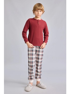 DeFacto Regular Fit Henley Yaka Waffle Üst Ekose Alt 2'li Pijama Takımı Erkek Çocuk I1444A826AU