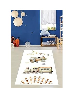 Uravas Store Pelangi Uçak ve Tren Desenli Pastel Renkli Yıkanabilir Kaymaz Taban Leke Tutmaz Çocuk Odası Halısı, Beyaz-Yeşil-Kahverengi 100 x 400, 764205610040005