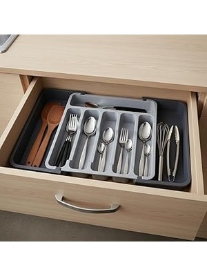 Uravas Store Deconox Çift Taraflı Açılır Çekmece Içi Kaşıklık ve Organizer - Modüler Sürgülü Mutfak Düzenleyici - Açık Gri ve Antrasit Renk - Kapalı 31 cm Açık 52 cm