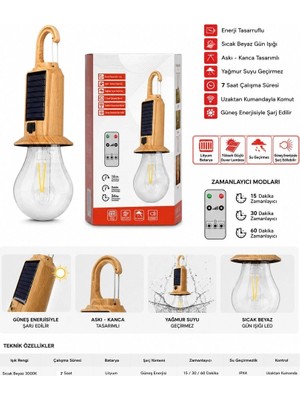 Uravas Store Solar Şarjlı LED Kamp Feneri Uzaktan Kumandalı Askılı Portatif Acil Durum Lambası