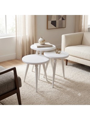 Sienta Home Dekoratif Ahşap Demonte 3’lü Modern Çizgili Ayak Beyaz Zigon Sehpa