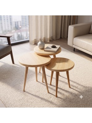 Sienta Home Dekoratif Ahşap Demonte 3’lü Modern Çizgili Ayak Naturel Zigon Sehpa