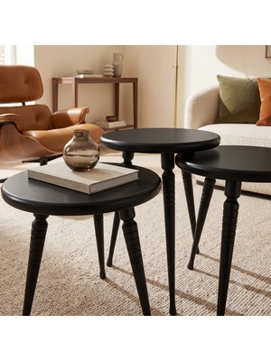 Sienta Home Dekoratif Ahşap Demonte 3’lü Modern Çizgili Ayak Siyah Zigon Sehpa