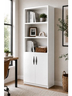 Mossano Nesso Kitaplık Beyaz Çok Amaçlı Dolap Kiler Dolabı 5 Raflı 2 Kapaklı Dolap 180 cm Yükseklik 34 cm Raf Aralığı 60 cm Genişlik 30 cm Derinlik