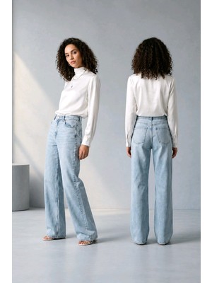 Hies Wide Leg Palazzo Kadın Jeans, Likralı Yüksek Bel Kot Pantolon - Mavi Kar