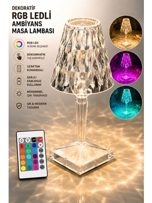 Ecuy Rgb LED Dekoratif Ambiyans Masa Gece Lambası Uzaktan Kumandalı Şarjlı Dokunmatik Abajur Kristal