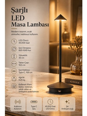 Ecuy Şarjlı Usb'li Led'li Siyah Gece Lambası – 3 Farklı Işık Modlu Dokunmatik Dimmerli Dekoratif Metal Masa Lambası