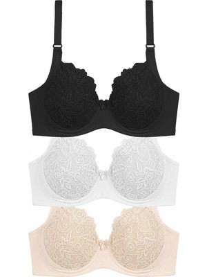 Cottonhill Bra - Elora | Büyük Beden Dantelli Balenli Minimizer Ayarlanabilir Askılı Kadın Sütyen 3'lü Paket-2