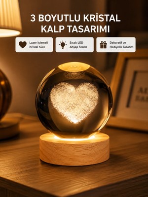 Renas Store Romantik Kalpli Kristal Cam Küre Usb’li Işıklı Dekoratif Obje