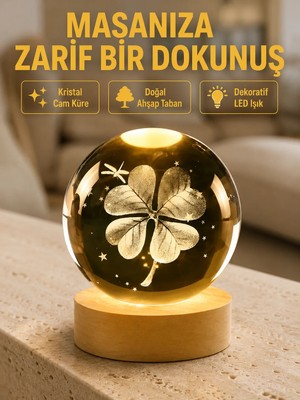 Renas Store Bitki Temalı LED Işıklı Cam Küre Ahşap Standlı Modern Gece Lambası