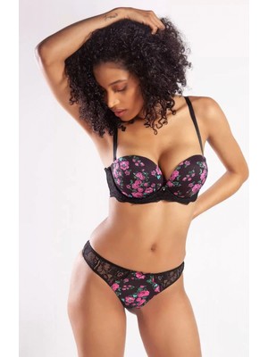 Hace Bazaar Golshan Gardenia Mini Slip, Kadın Dantelli Çiçek Baskılı Siyah Normal Bel Külot