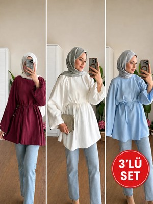 Moonsc 3'lü Set Balon Kol Bel Bağlamalı Standart Beden Bordo-Beyaz-Mavi Tesettür Tunik
