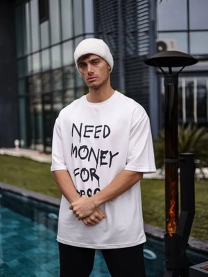 İkales Ikales Unisex Bisiklet Yaka Baskılı Oversize T-Shirt - Beyaz