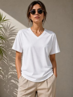 İkales Ikales V Yaka Basic Tişört Kısa Kol Yazlık Regular Fit T-Shirt - Beyaz