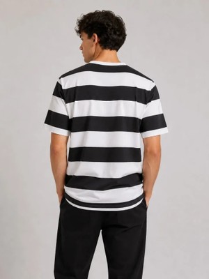 İkales Ikales Erkek Çizgili Oversize Tişört Bisiklet Yaka Kısa Kol Yazlık T-Shirt - Siyah