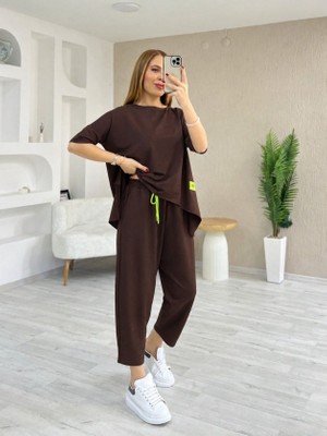 İkales Ikales Kadın Kısa Kollu Bisiklet Yaka Viskon Iki Iplik Bluz ve Pantolon Ikili Takım