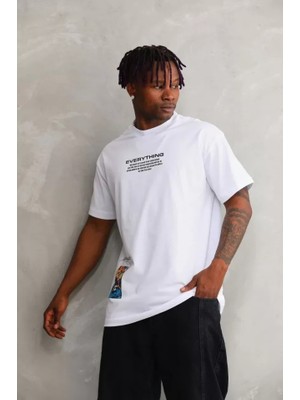 İkales Ikales Unisex Bisiklet Yaka Baskılı Oversize T-Shirt - Beyaz