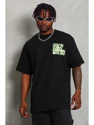 İkales Ikales Erkek Baskılı T-Shirt Kısa Kol Bisiklet Yaka Regular Fit Rahat Kalıp Günlük Tişört - Siyah