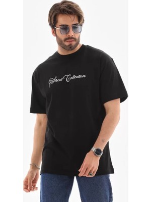 İkales Ikales Unisex Bisiklet Yaka Baskılı Oversize T-Shirt - Siyah