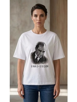 İkales Ikales Atatürk Baskılı Tişört Kısa Kollu Bisiklet Yaka T-Shirt - Beyaz