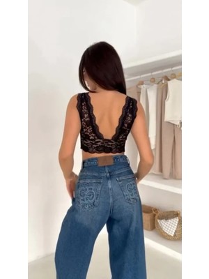 İkales Ikales Dantel Bralet Crop Sütyen V Yaka Askılı Şık Esnek Rahat - Siyah