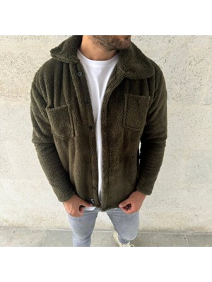 İkales Ikales Erkek Pelüş Polar Hırka Gömlek – Yakalı, Ilik Düğmeli, Göğüs Cepli, Yumuşak Dokulu Kışlık Regular Fit Rahat Günlük Model - Haki