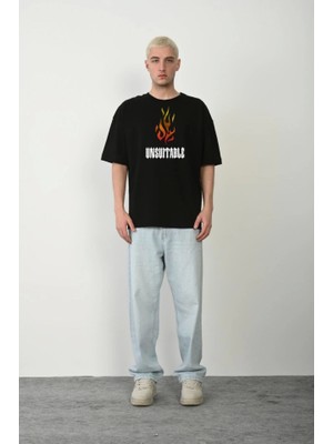 İkales Ikales Unisex Bisiklet Yaka Baskılı Oversize T-Shirt - Siyah