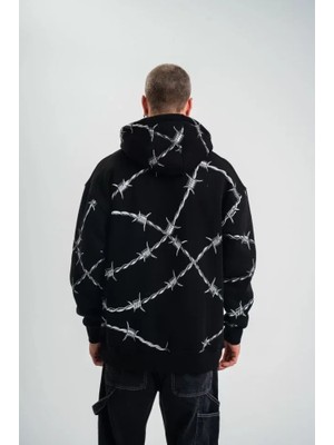 İkales Ikales Polızeı Premium Kalite Kapşonlu Varak ve Pano Baskılı Sweatshirt - Siyah