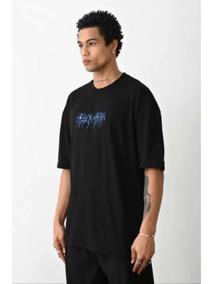 İkales Ikales Unisex Baskılı Oversize T-Shirt - Siyah