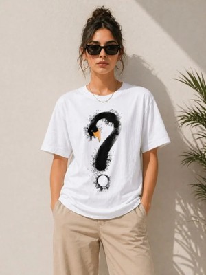 İkales Ikales Kuğu Figürlü Soru Işareti Baskılı Tişört Kısa Kol T-Shirt - Beyaz